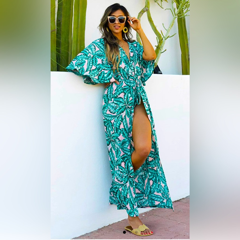 NEW! Kenny Flowers The Beverly Hills Long Kimono Swim Cover Up Green SZ S/M